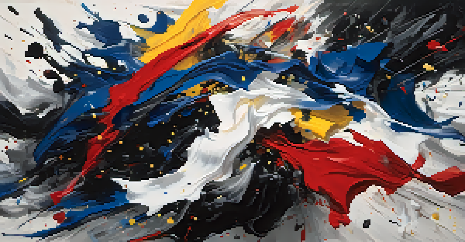 An abstract painting illustrating the chaos of war with dark colors and fragmented shapes, interspersed with bright strokes representing hope.