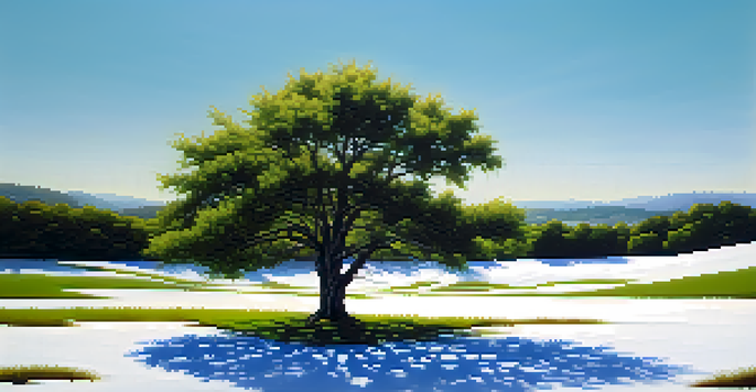 A calm landscape with a single green tree in the center and a vast white space around it, under a blue sky.
