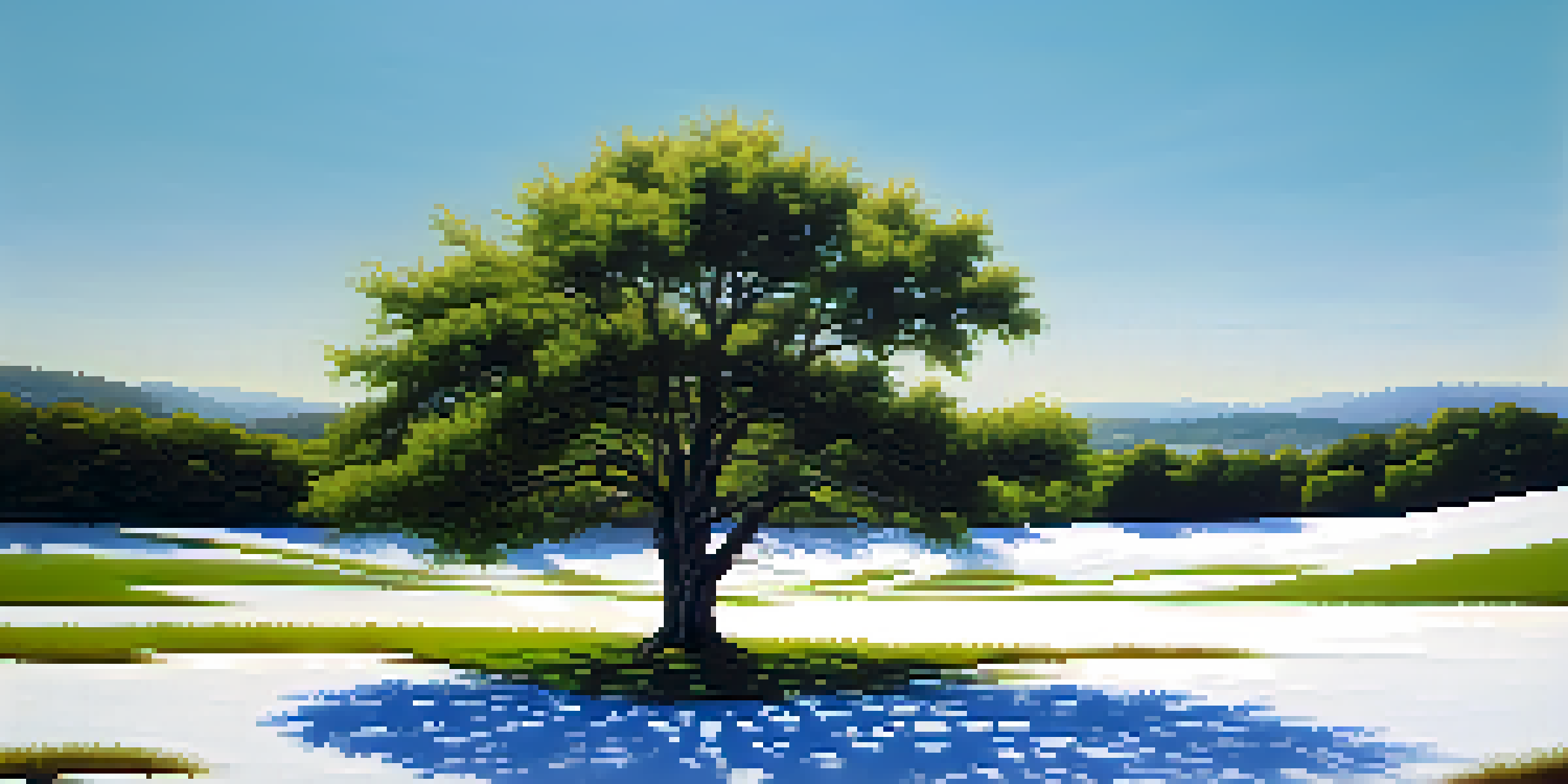 A calm landscape with a single green tree in the center and a vast white space around it, under a blue sky.