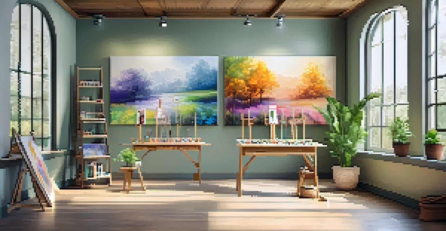 A bright and welcoming art therapy space with easels, paints, and brushes, featuring large windows overlooking a peaceful garden and inspirational quotes on the walls.