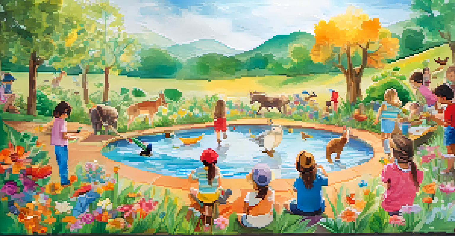 A group of children painting a vibrant mural together, depicting a whimsical landscape filled with animals and flowers.