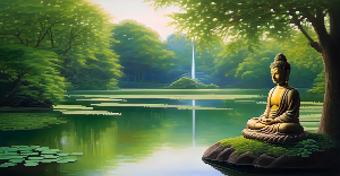 A peaceful Buddhist landscape with a Buddha statue surrounded by greenery and a calm pond, showcasing soft pastel colors.