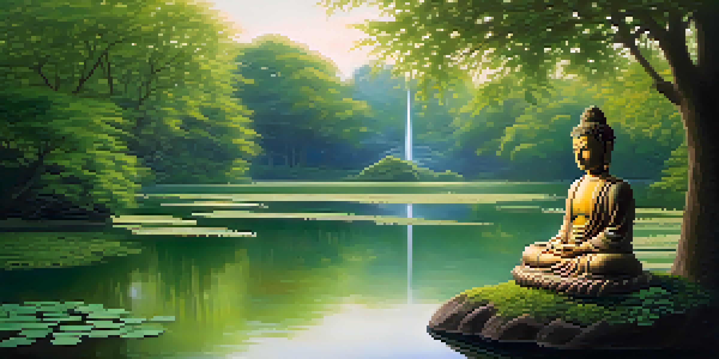 A peaceful Buddhist landscape with a Buddha statue surrounded by greenery and a calm pond, showcasing soft pastel colors.