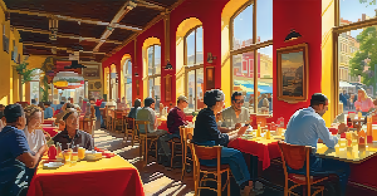 A lively café scene filled with people, warm colors, and a festive atmosphere.