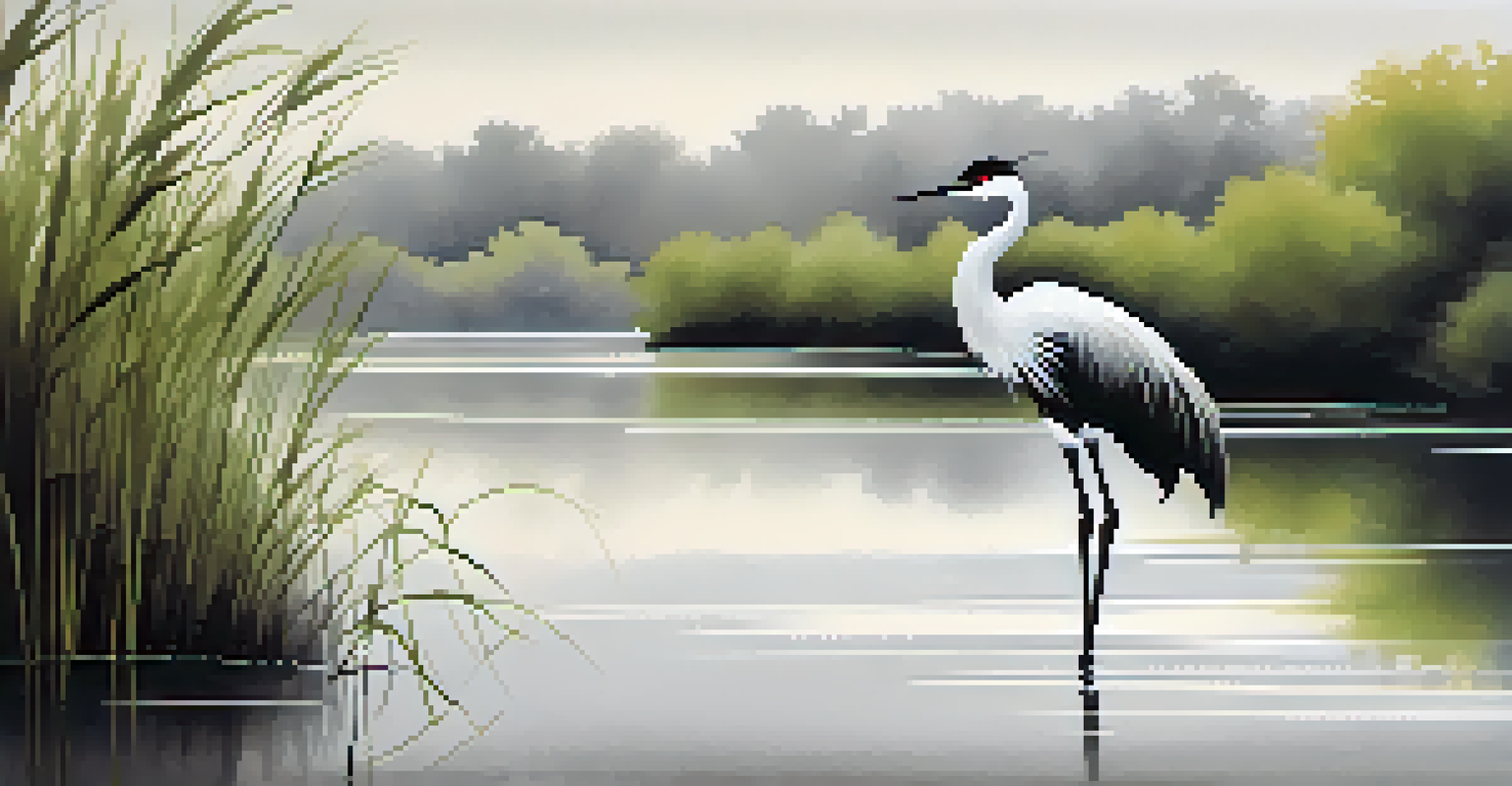 A minimalist Sumi-e depiction of a crane by a pond, showcasing soft ripples and greenery.