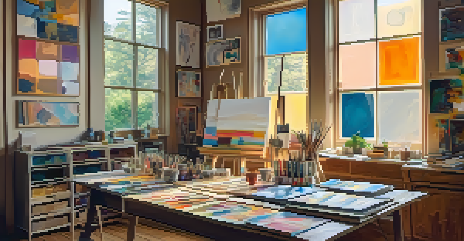 An artist's studio displaying generative art on the walls and art supplies on a wooden table.