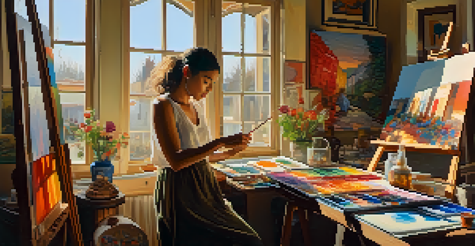 An artist painting in a studio filled with bright colors and cultural motifs, illuminated by sunlight.