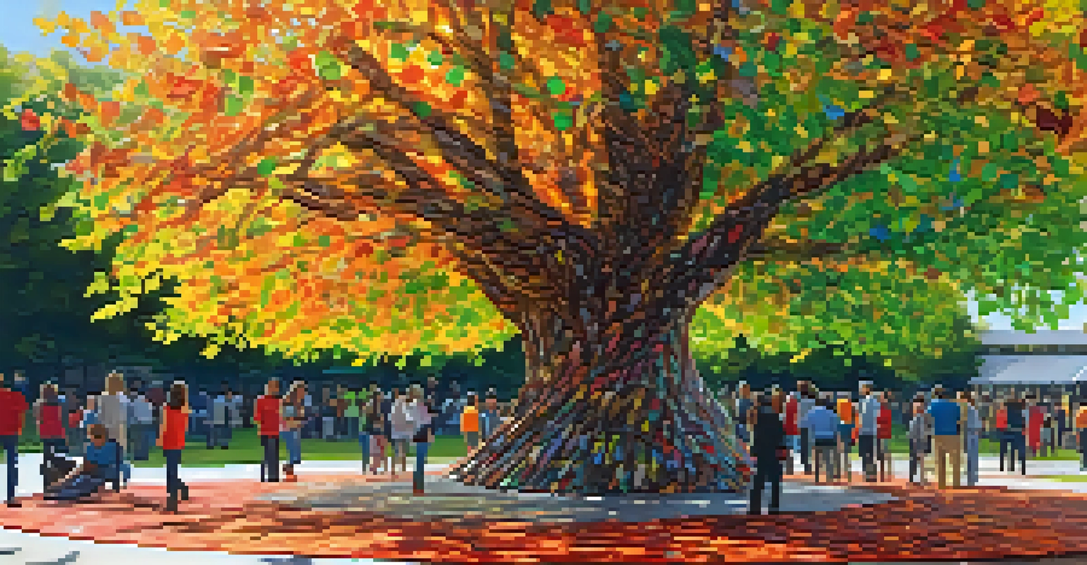 A public art installation resembling a tree made from recycled materials, set in a park with people admiring it.