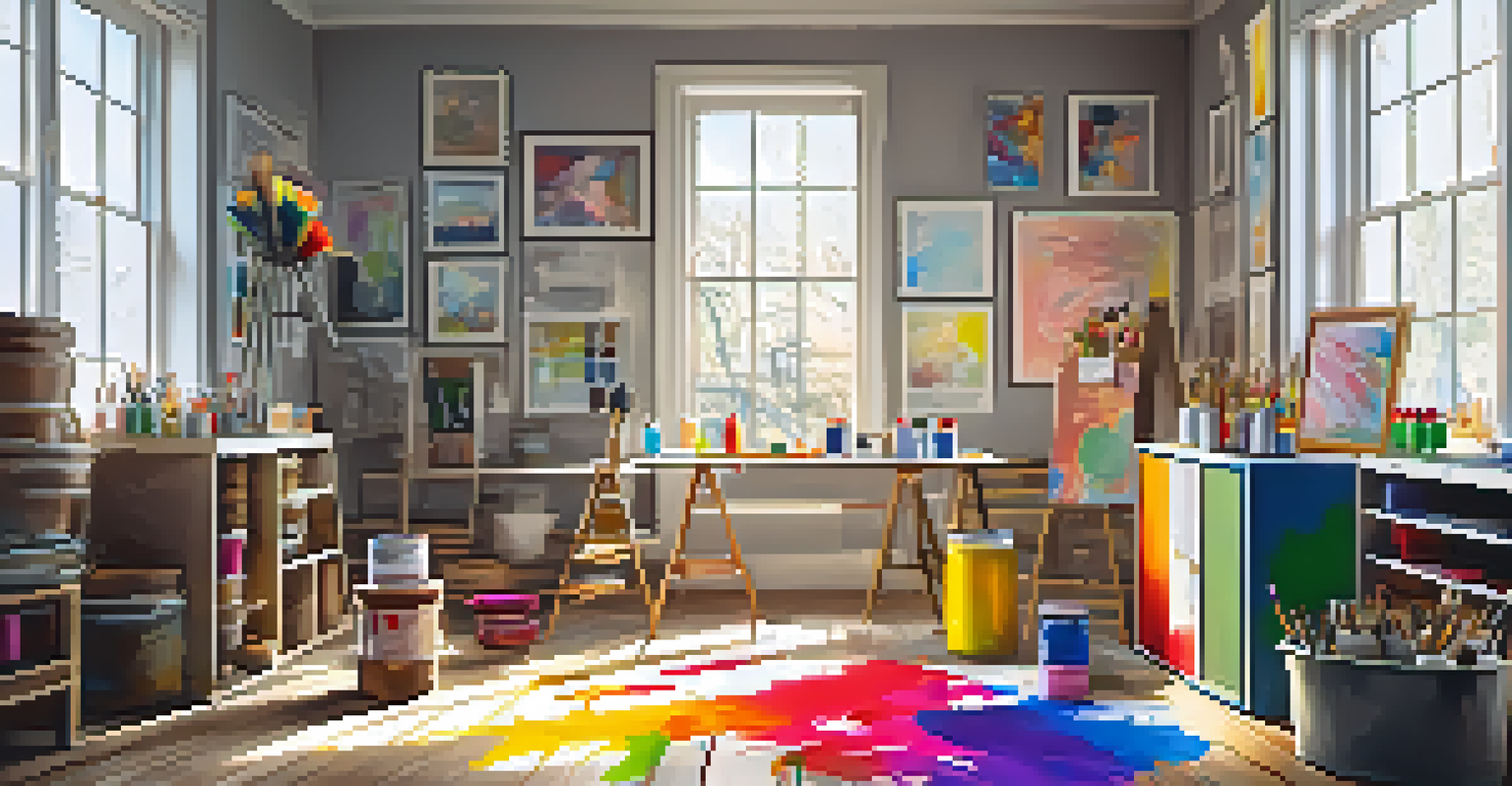 A bright painting setup with colorful paint cans, brushes, and a canvas illuminated by sunlight.