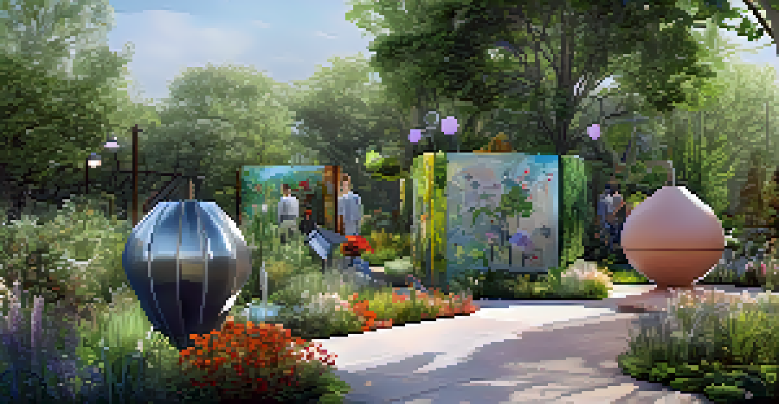 A community garden with sculptures made from recycled materials, surrounded by plants and flowers in morning light.