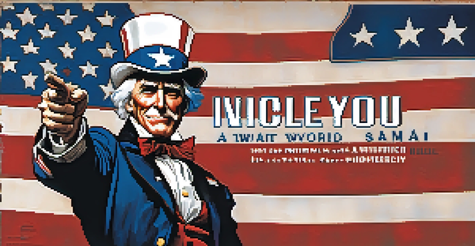 A colorful recruitment poster from World War I showing Uncle Sam pointing at the viewer, surrounded by patriotic symbols such as the American flag and an eagle.