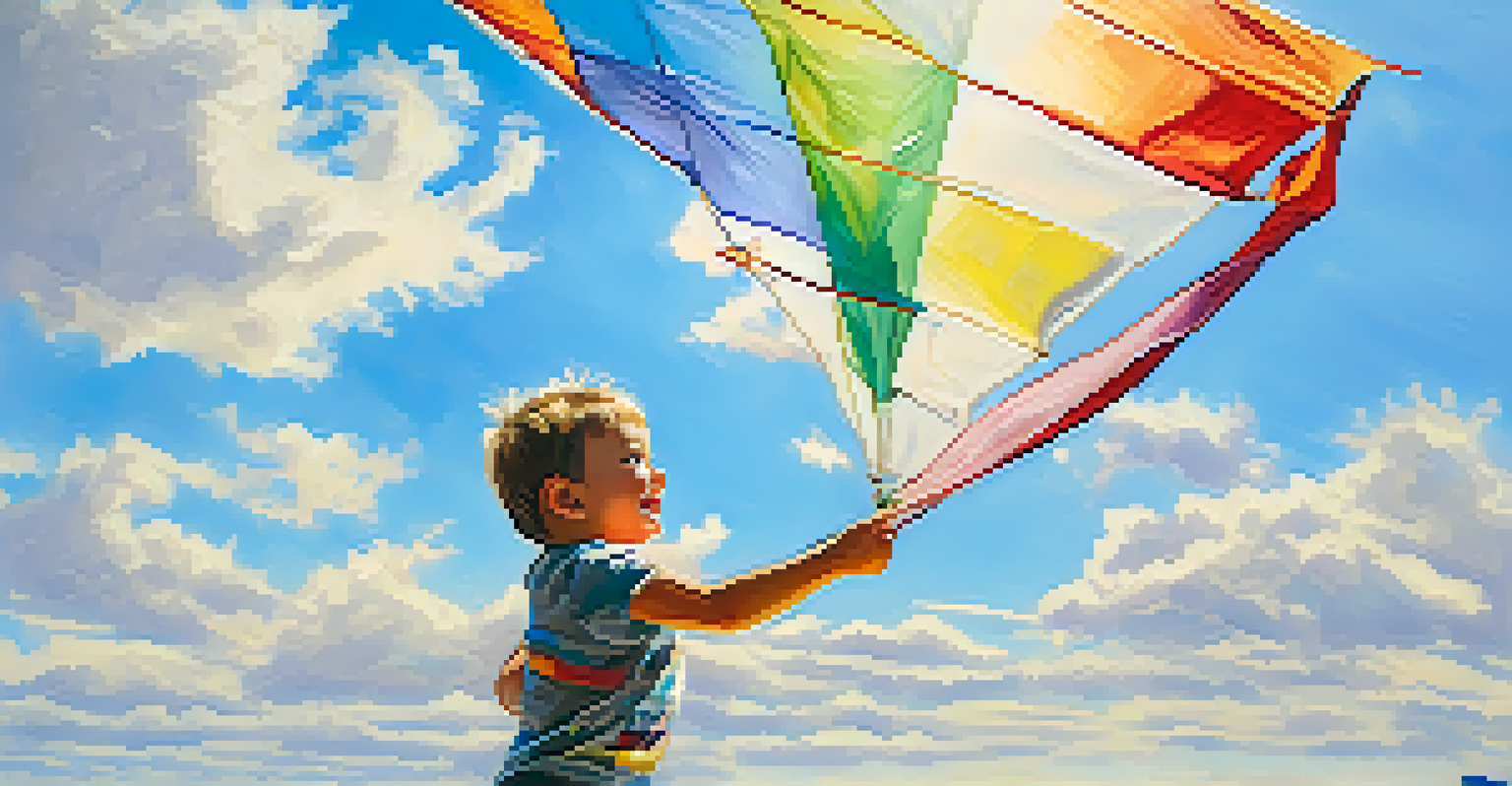 A joyful portrait of a child flying a colorful kite on a sunny day, with bright colors and a lively atmosphere.