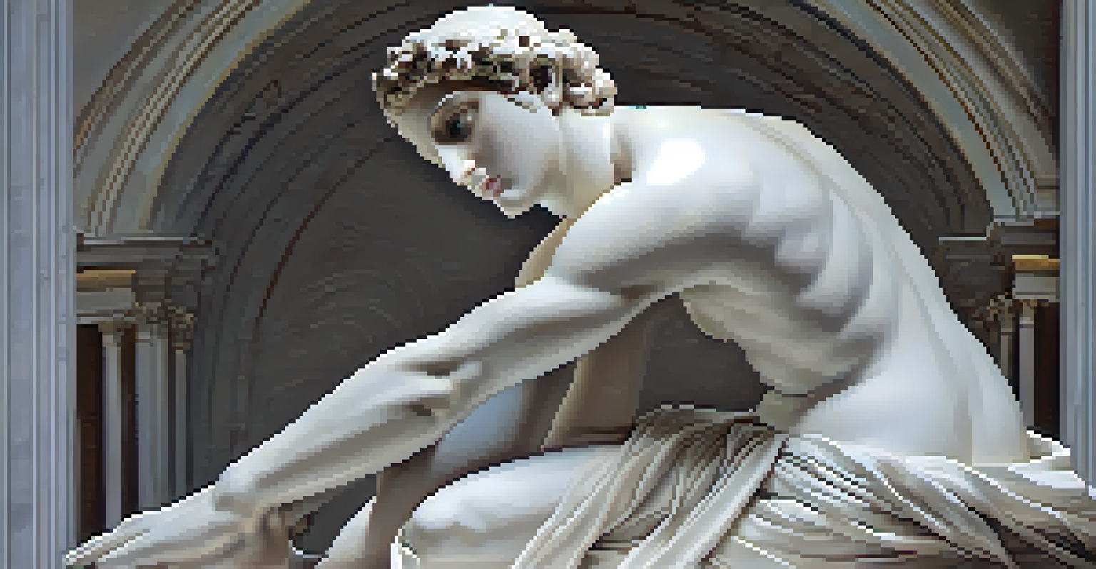 A graceful white marble sculpture representing a mythological figure, showcasing intricate details and soft shadows.