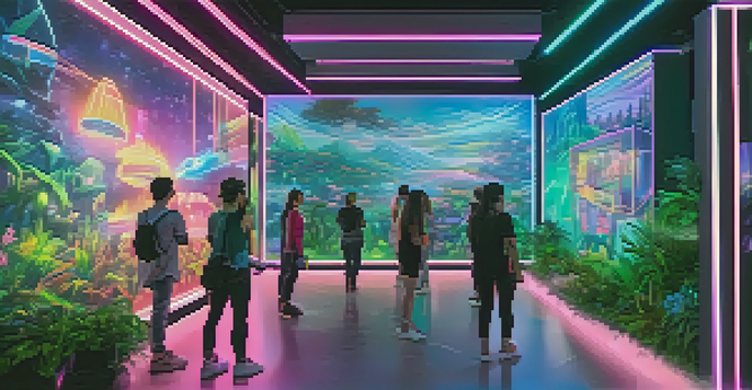 A futuristic virtual reality art gallery with diverse visitors interacting with digital artworks among neon lights and greenery.