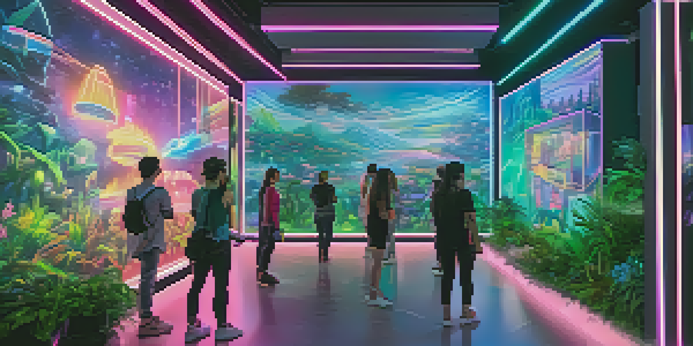 A futuristic virtual reality art gallery with diverse visitors interacting with digital artworks among neon lights and greenery.