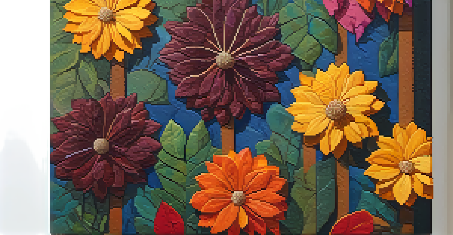 Close-up of an abstract painting made with natural materials like leaves and flowers, featuring vibrant colors and textures.