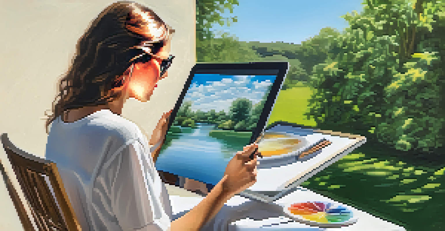 An artist painting outdoors with a tablet, surrounded by greenery and a blue sky, focusing on their digital artwork.