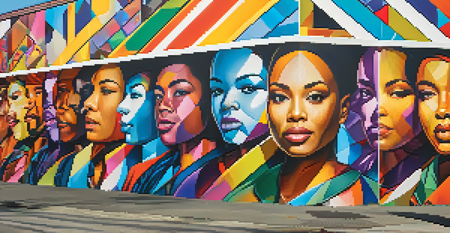 A colorful street mural showcasing diverse faces and geometric patterns, lit by soft sunlight.