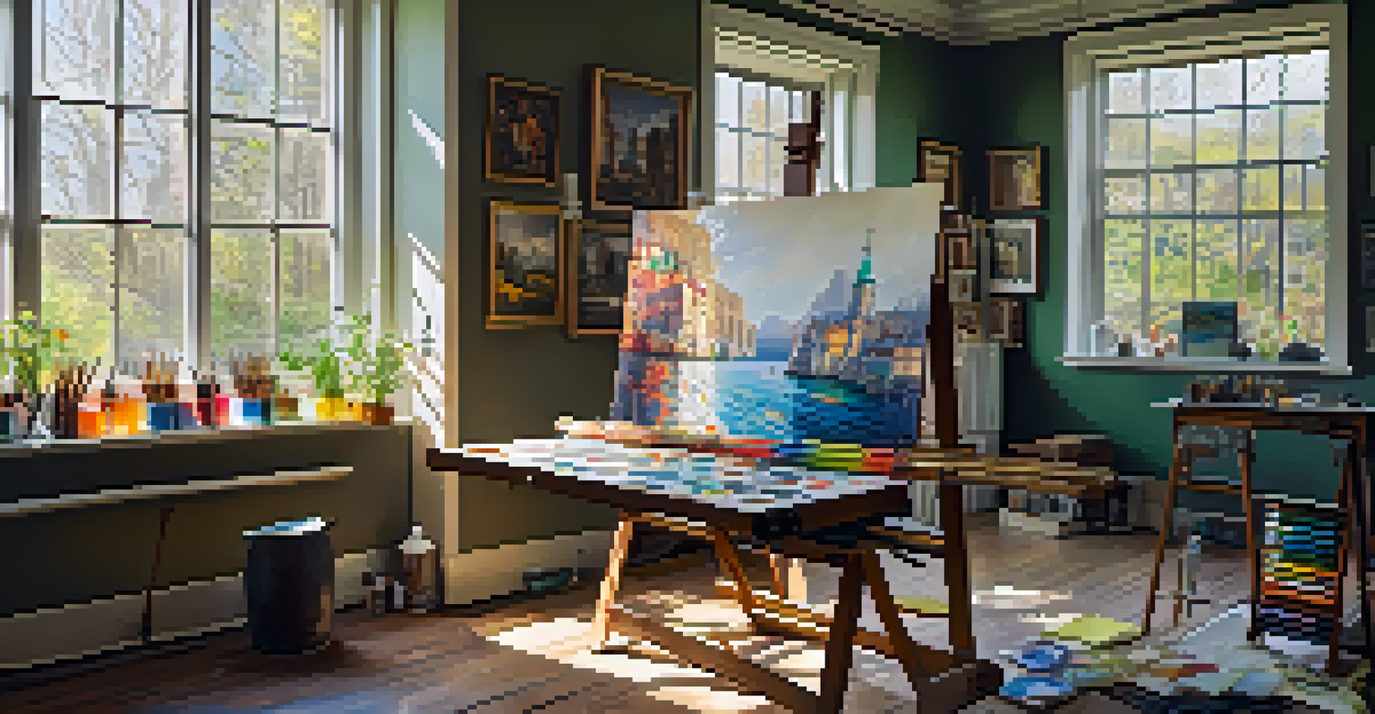 An artist's studio with a reproduction on an easel, surrounded by art supplies and bright sunlight.