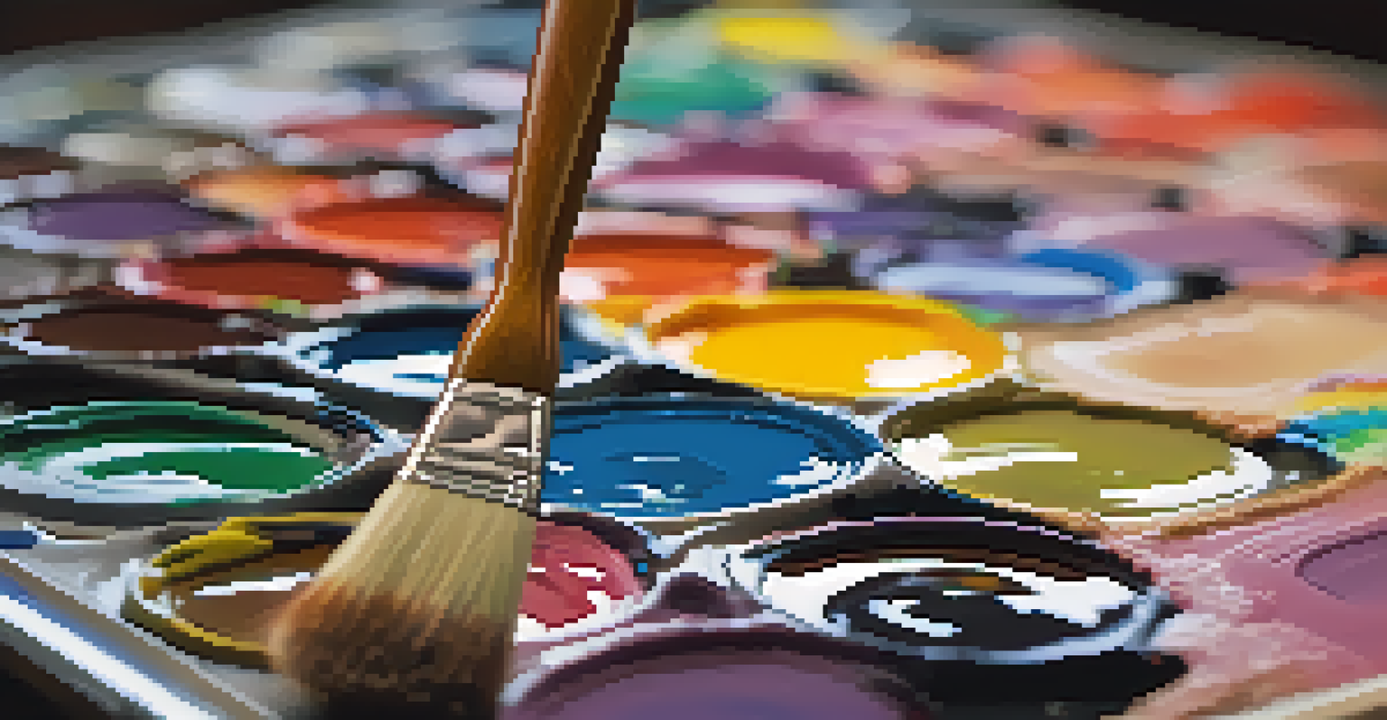 A close-up view of a painter's palette with vibrant colors and textured brush strokes, set against a blurred background.