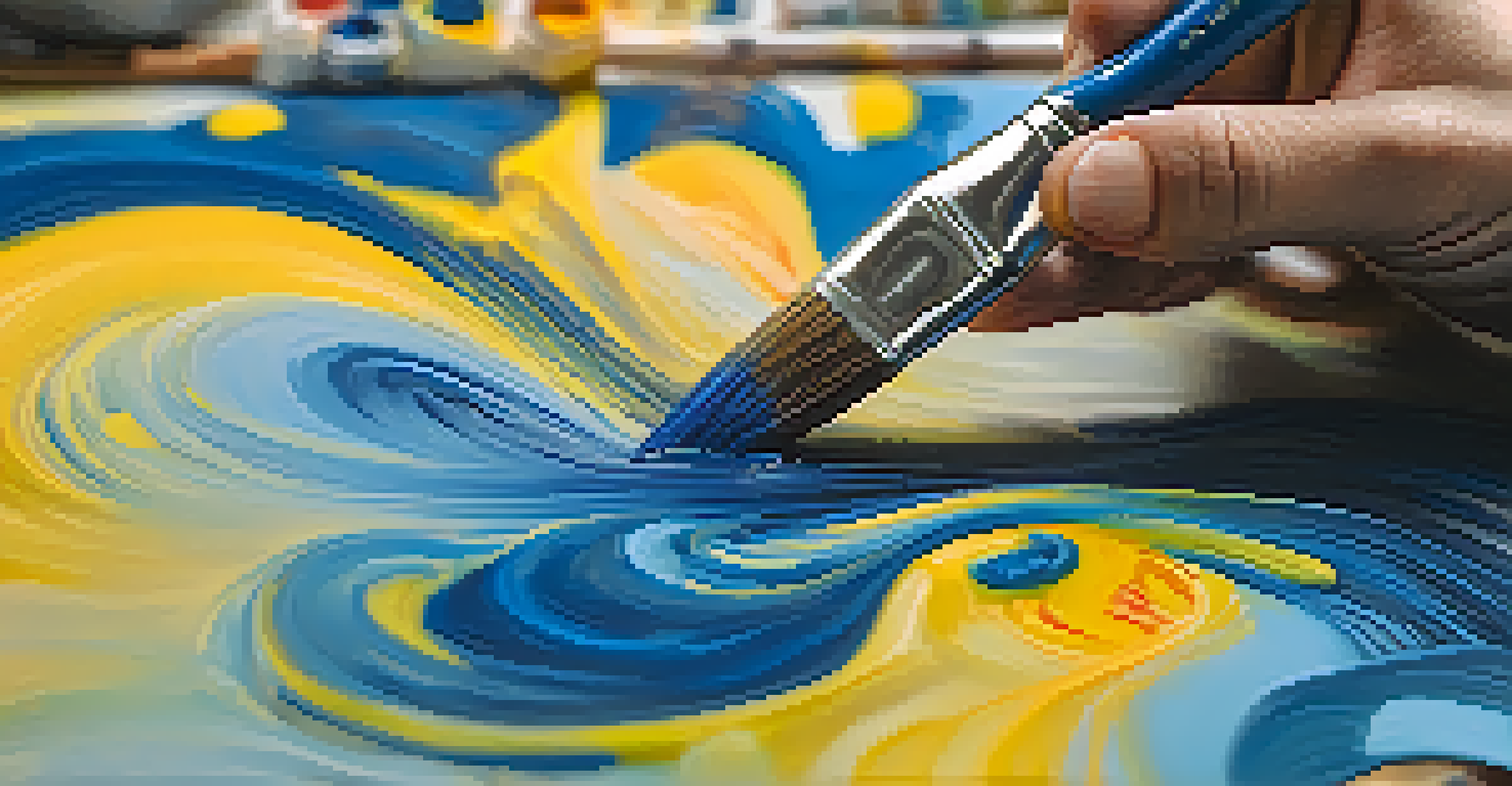 A close-up of a hand with a paintbrush above a canvas, with vibrant paint colors and a blurred palette in the background.