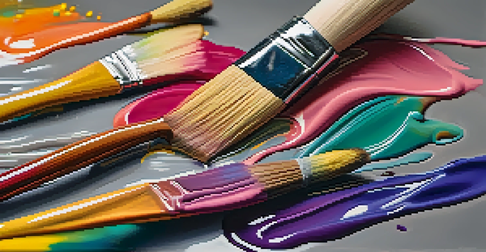 A close-up of a paintbrush with colorful thick paint, showcasing the texture and viscosity of the paint.
