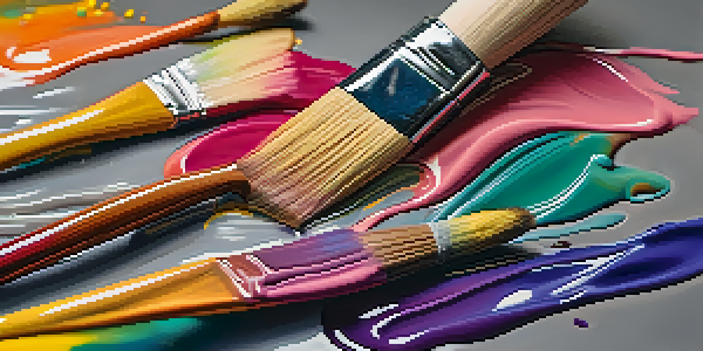 A close-up of a paintbrush with colorful thick paint, showcasing the texture and viscosity of the paint.