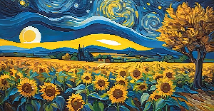 A vivid night sky with swirling patterns and bright colors, complemented by a field of sunflowers in the foreground, reflecting emotional depth and beauty.