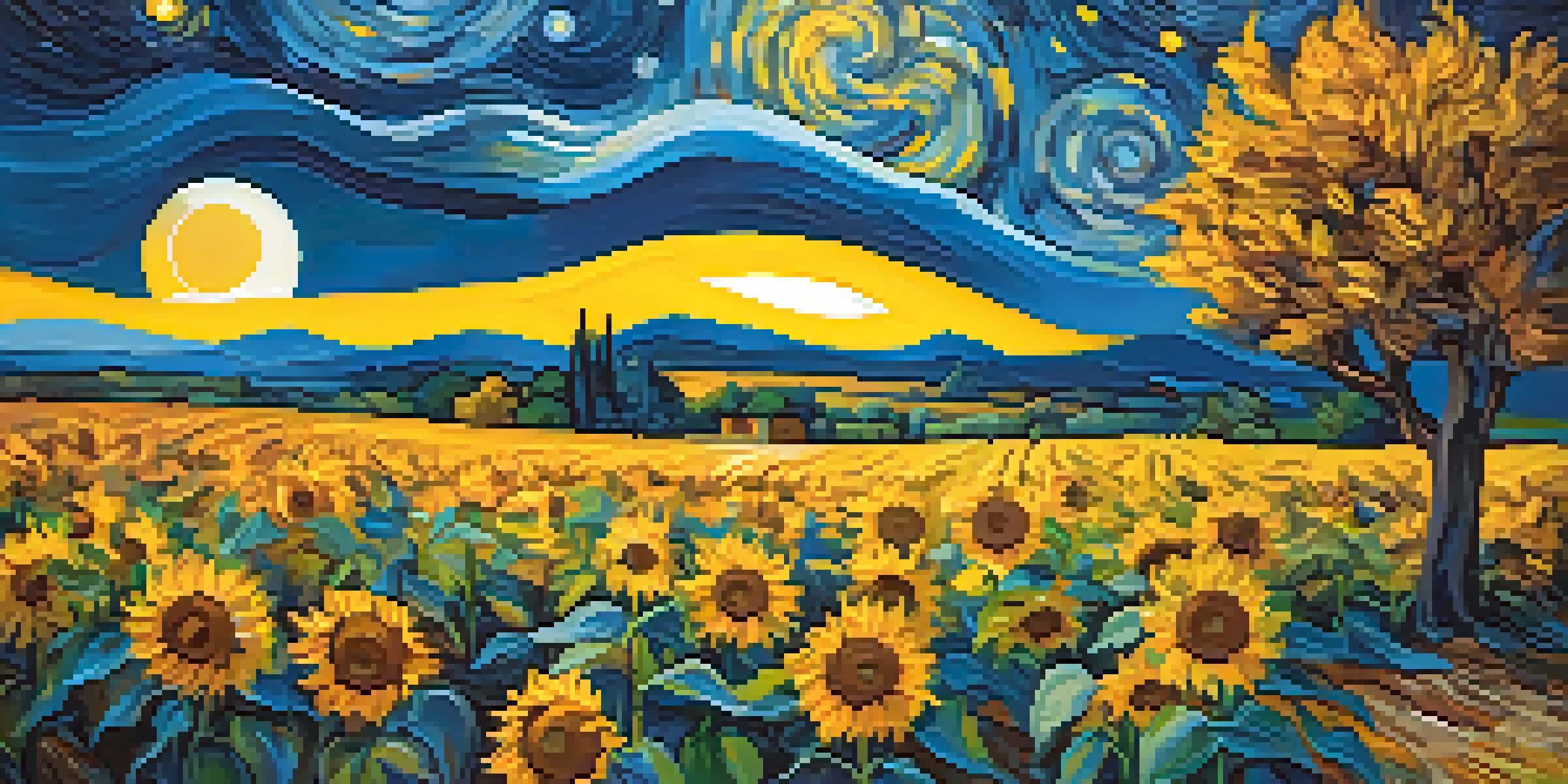 A vivid night sky with swirling patterns and bright colors, complemented by a field of sunflowers in the foreground, reflecting emotional depth and beauty.