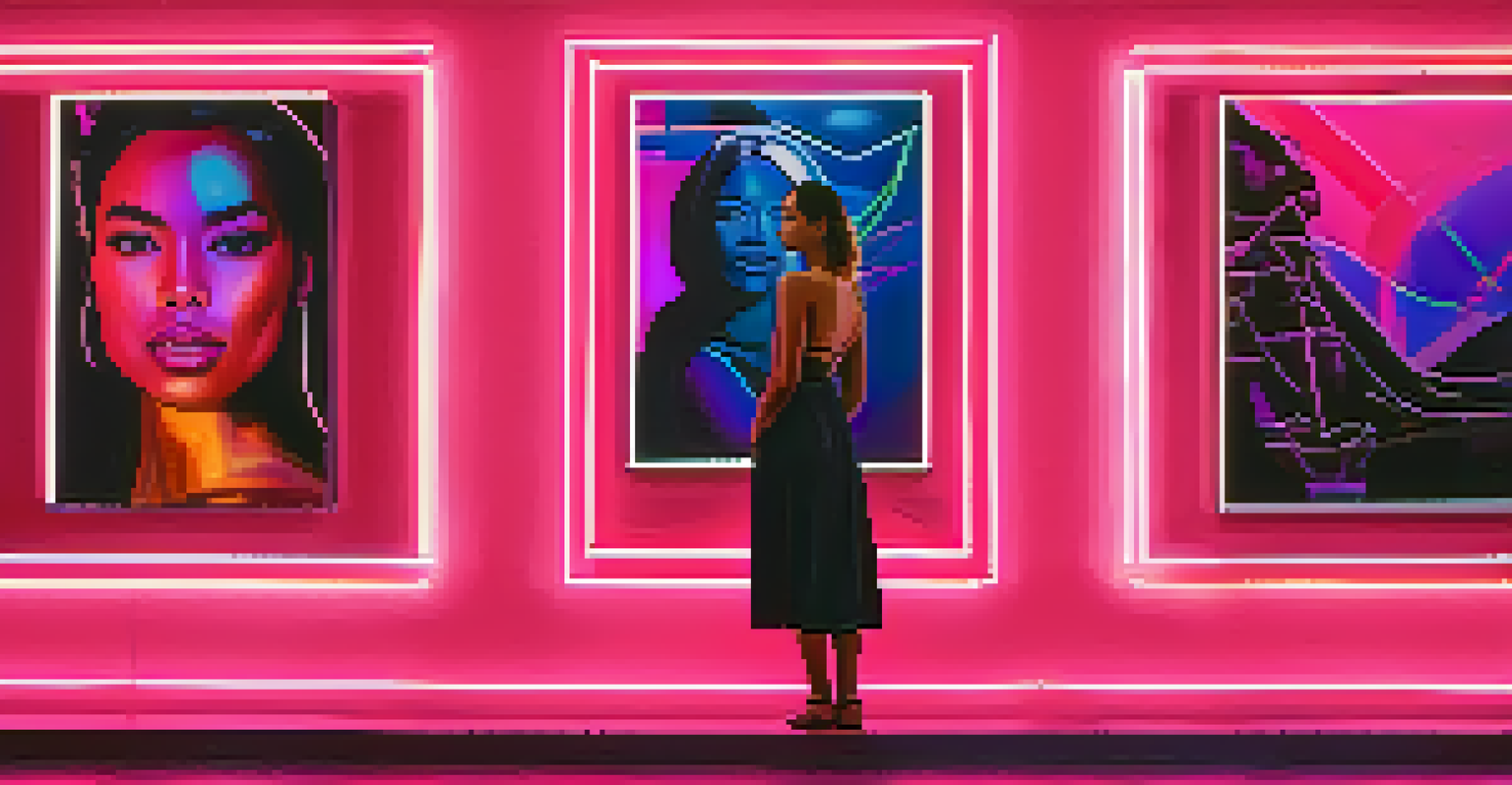 A confident woman in an art gallery, showcasing her feminist-themed artwork on the walls and interacting with viewers.