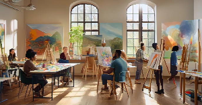 A bright art therapy room where diverse individuals are creating art, surrounded by colorful paintings and natural light.