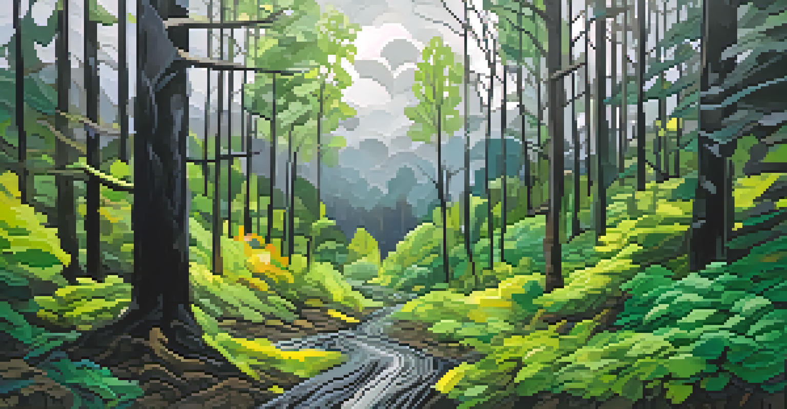 An abstract forest scene with bold strokes and stormy sky, featuring vibrant greens and dark grays.