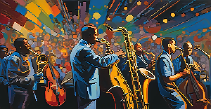 A lively jazz band on stage with a saxophonist and abstract colorful designs in the background, creating an energetic and captivating atmosphere.