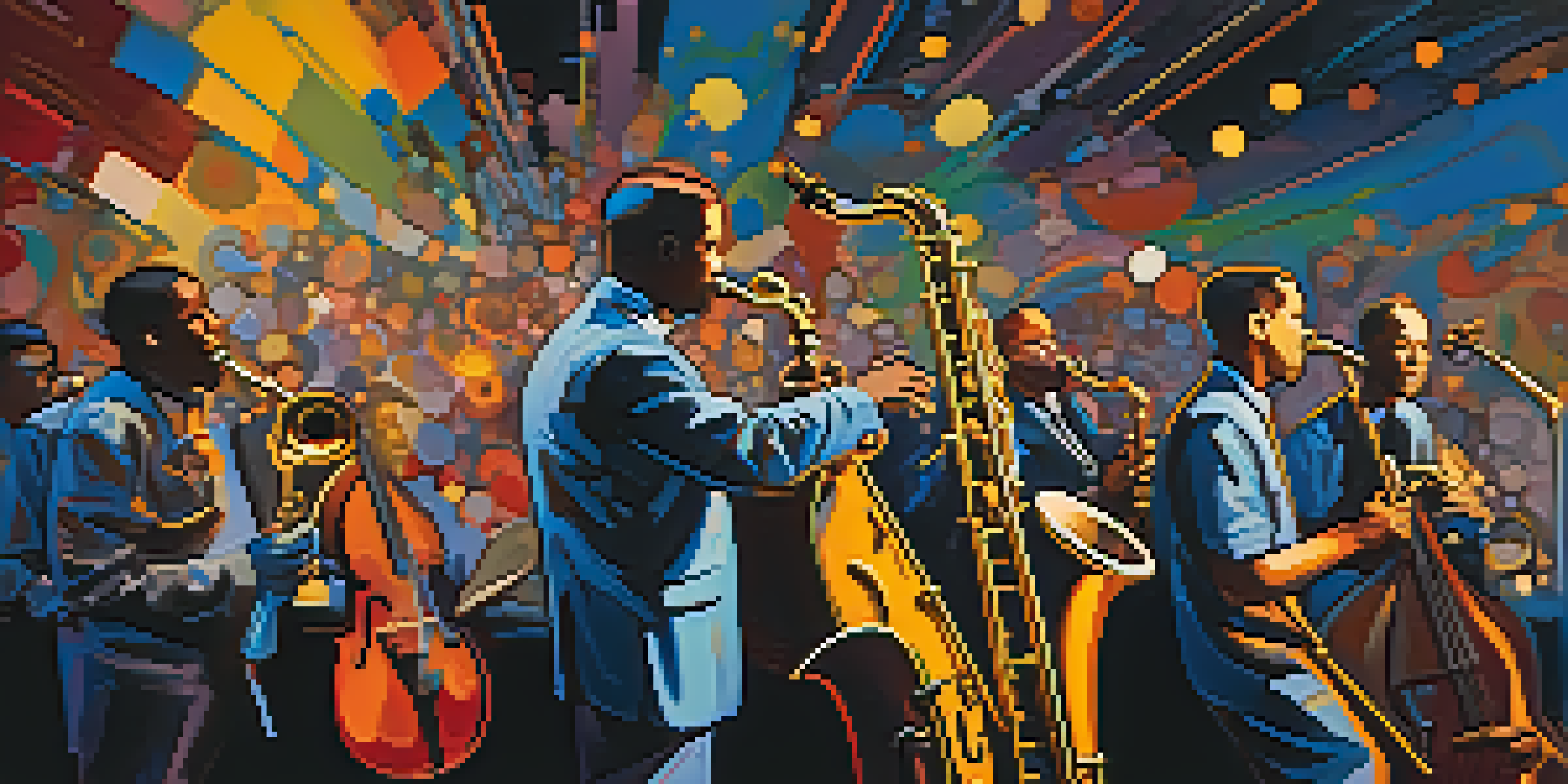 A lively jazz band on stage with a saxophonist and abstract colorful designs in the background, creating an energetic and captivating atmosphere.