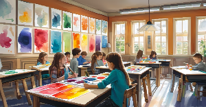 A lively art classroom where young students are painting with watercolors, surrounded by colorful artwork and art supplies.