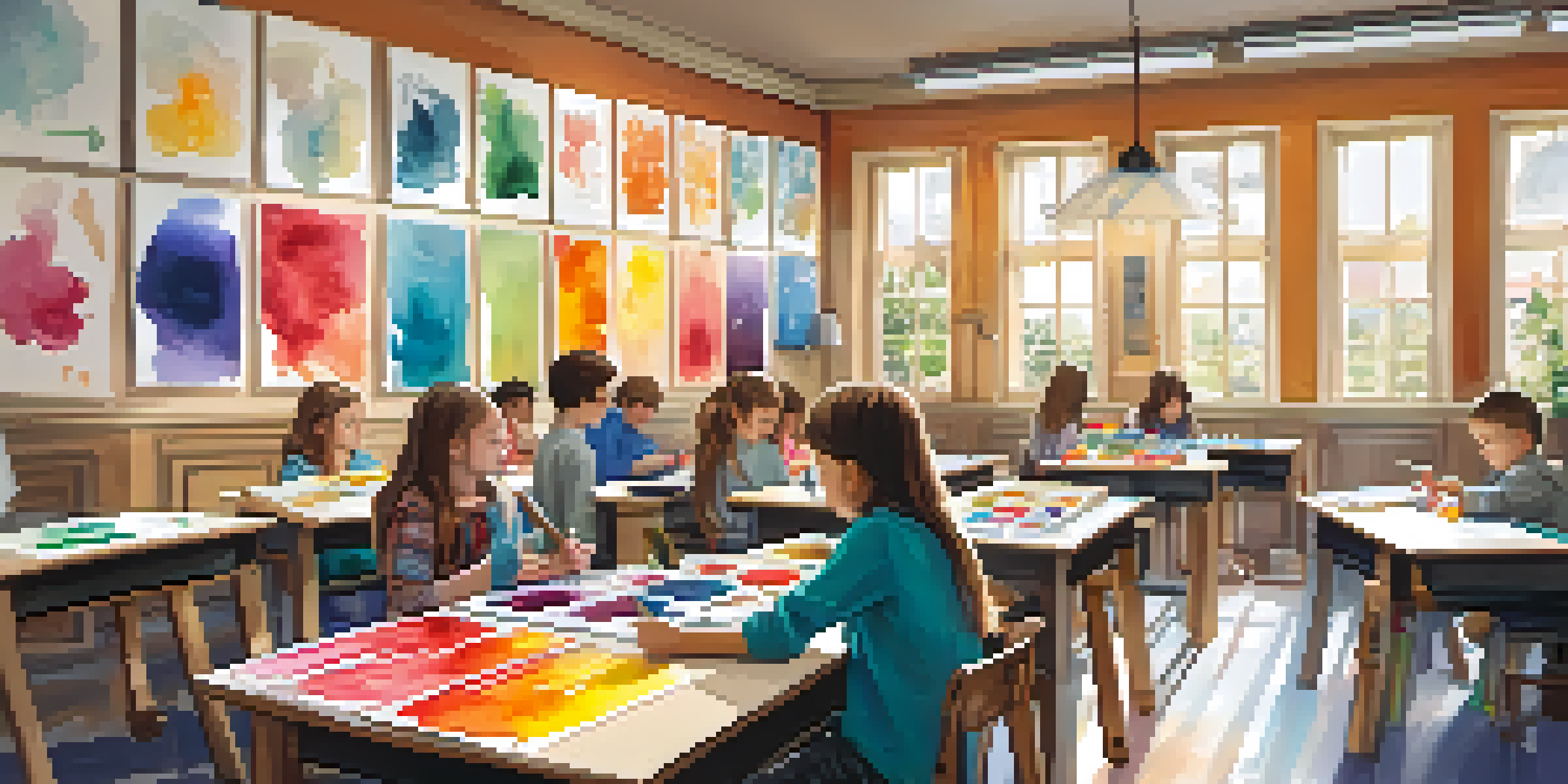 A lively art classroom where young students are painting with watercolors, surrounded by colorful artwork and art supplies.