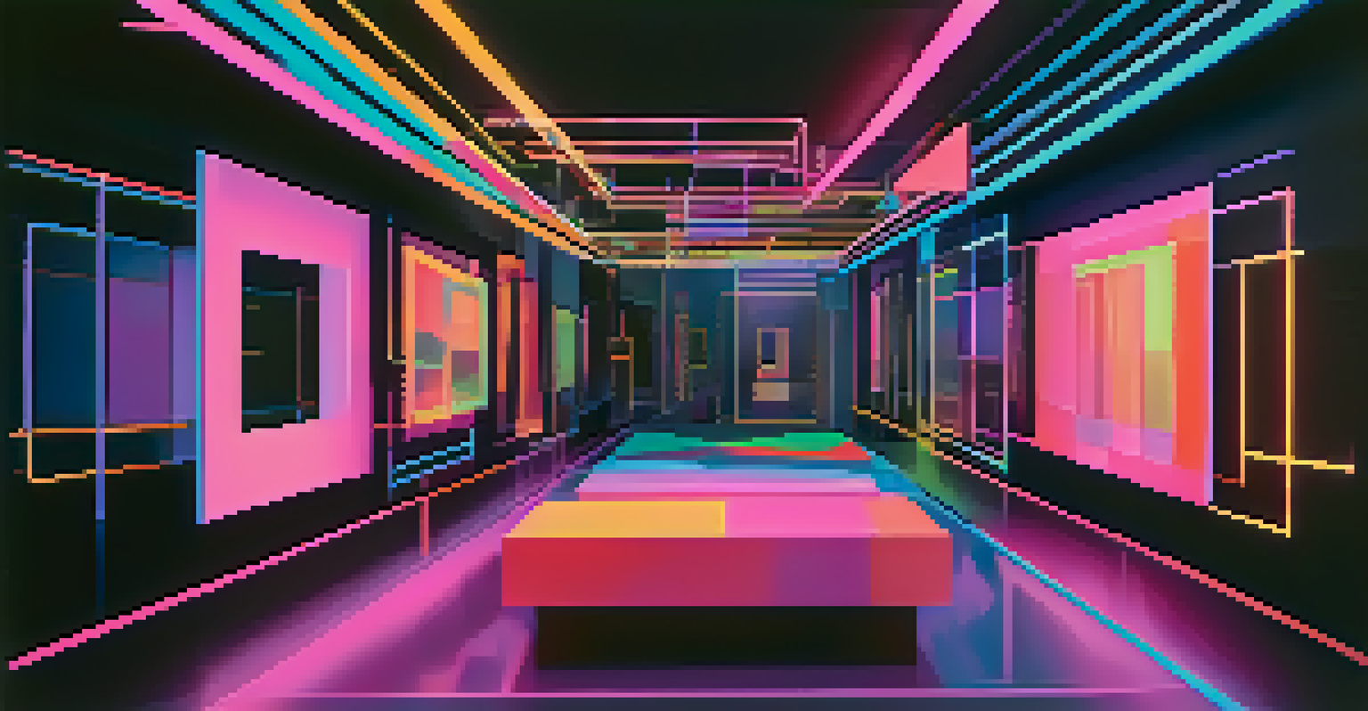 An immersive VR art installation with colorful geometric shapes illuminated by neon lights in a dark space, creating a sense of depth.