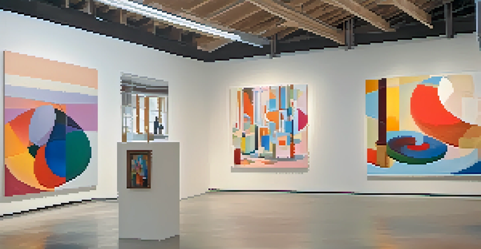 A bright art gallery filled with colorful abstract paintings created by women artists, with visitors admiring the artwork.