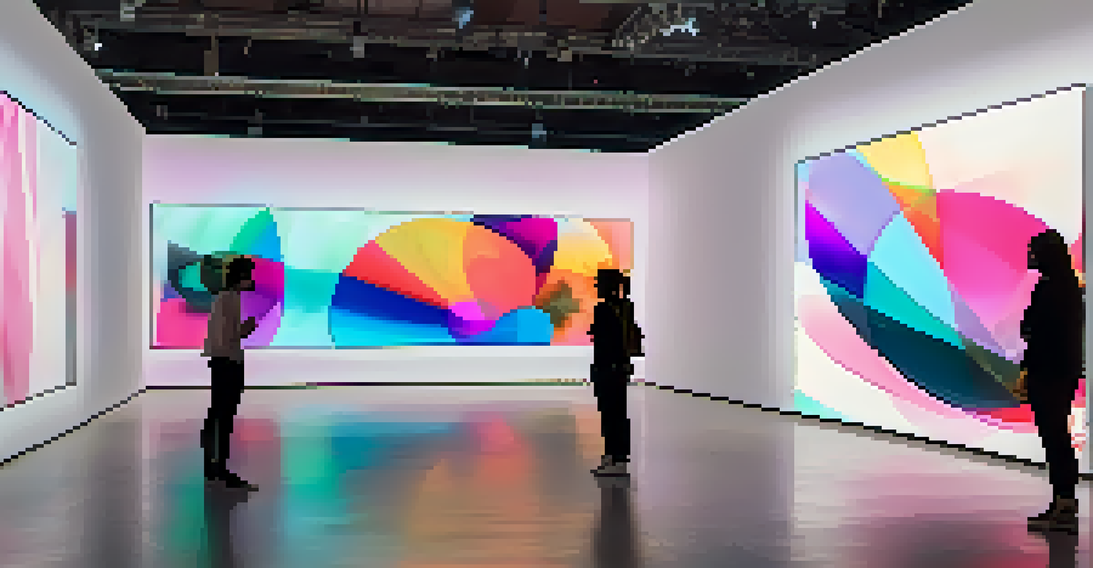 An interactive art installation with colorful screens and ambient sound in a gallery.