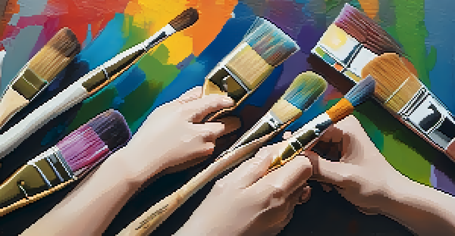 Close-up of diverse hands holding paintbrushes with various colors, collaborating on a large canvas with an abstract mural in the background.
