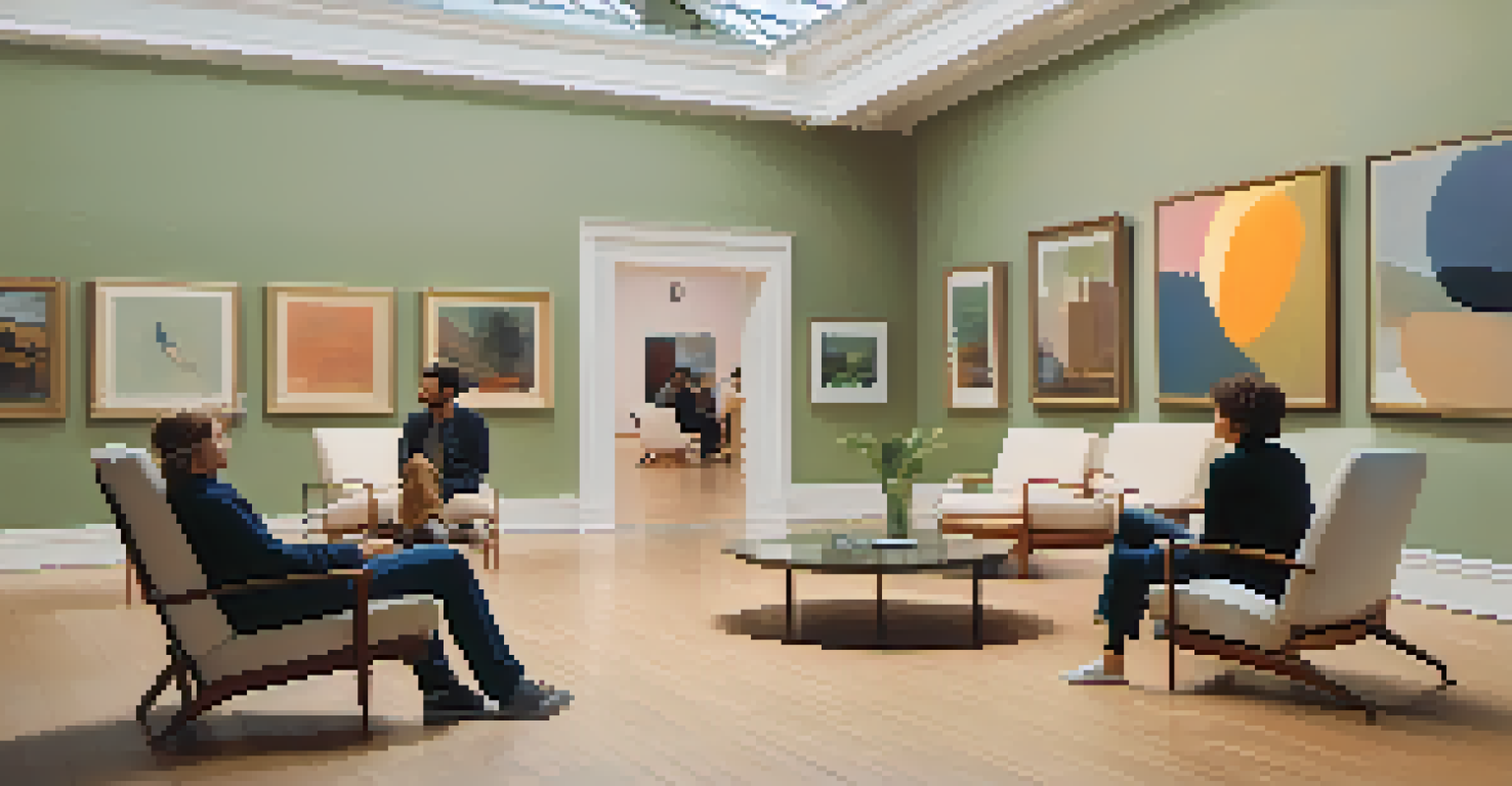 A cozy corner in an art exhibition with lounge chairs and visitors reflecting on the art in a calming atmosphere.