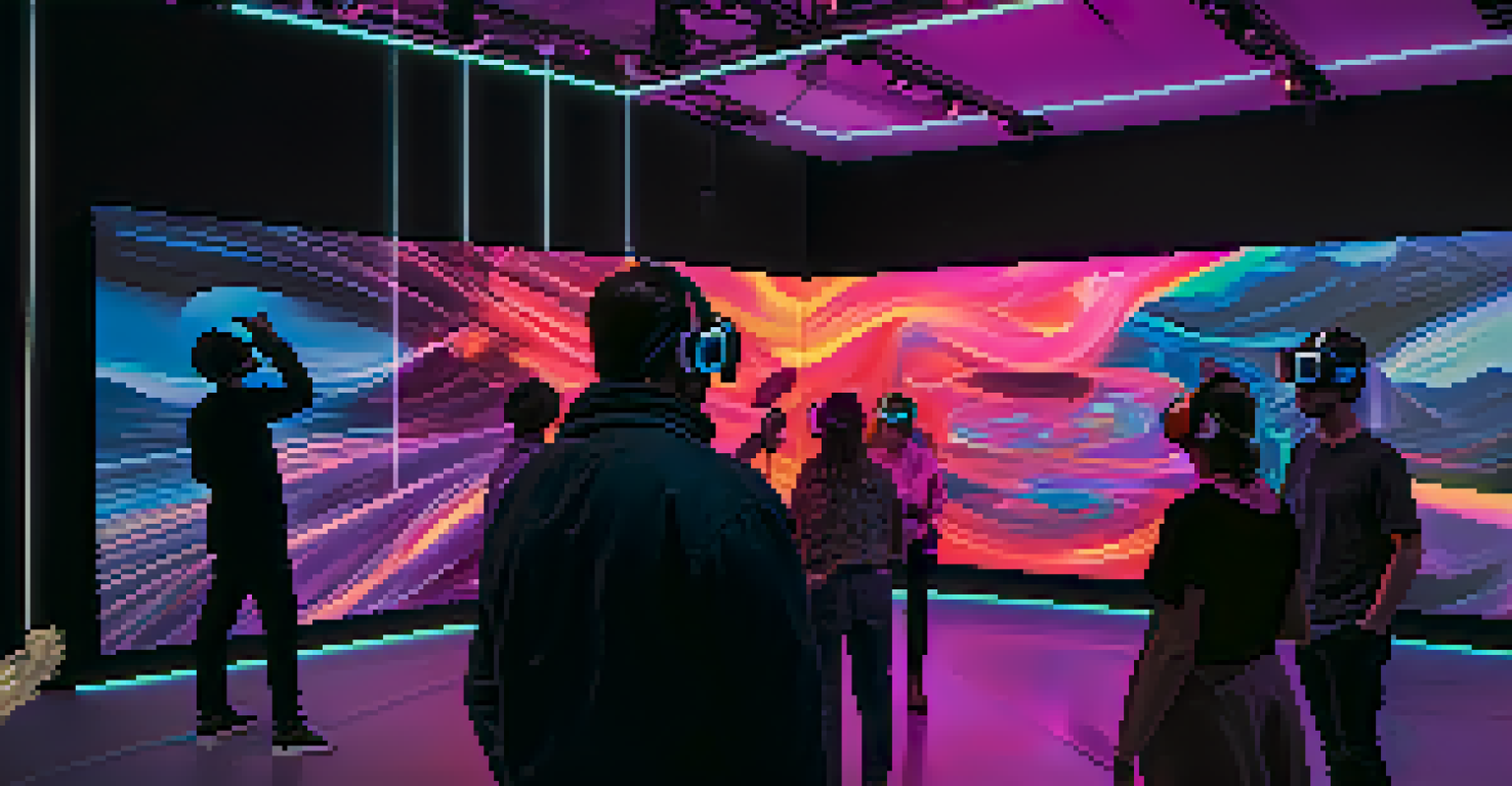 A futuristic virtual reality art exhibition with visitors interacting with digital art in a vibrant environment.