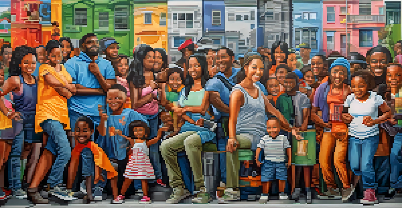 A colorful urban mural showing diverse people engaged in community activities against city buildings.