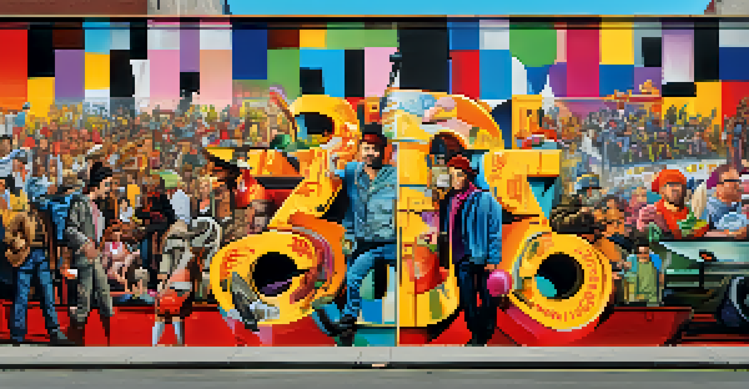 A colorful street art mural inspired by Dada, featuring absurd imagery and playful critiques of society.