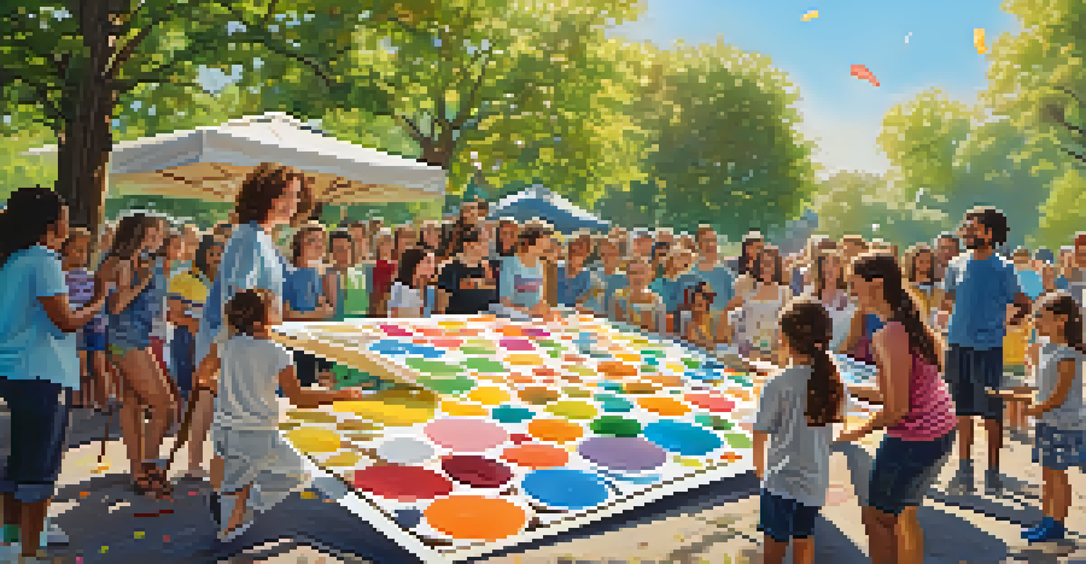 An artist and community members collaborating on a large canvas in a park, surrounded by colorful paint and sunlight filtering through trees.