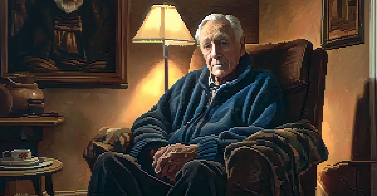 An elderly man in a cozy armchair holding a photograph, with deep lines on his face, surrounded by a warm and nostalgic atmosphere.