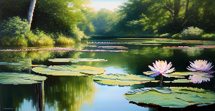 A peaceful pond with blooming water lilies and gentle sunlight filtering through trees.