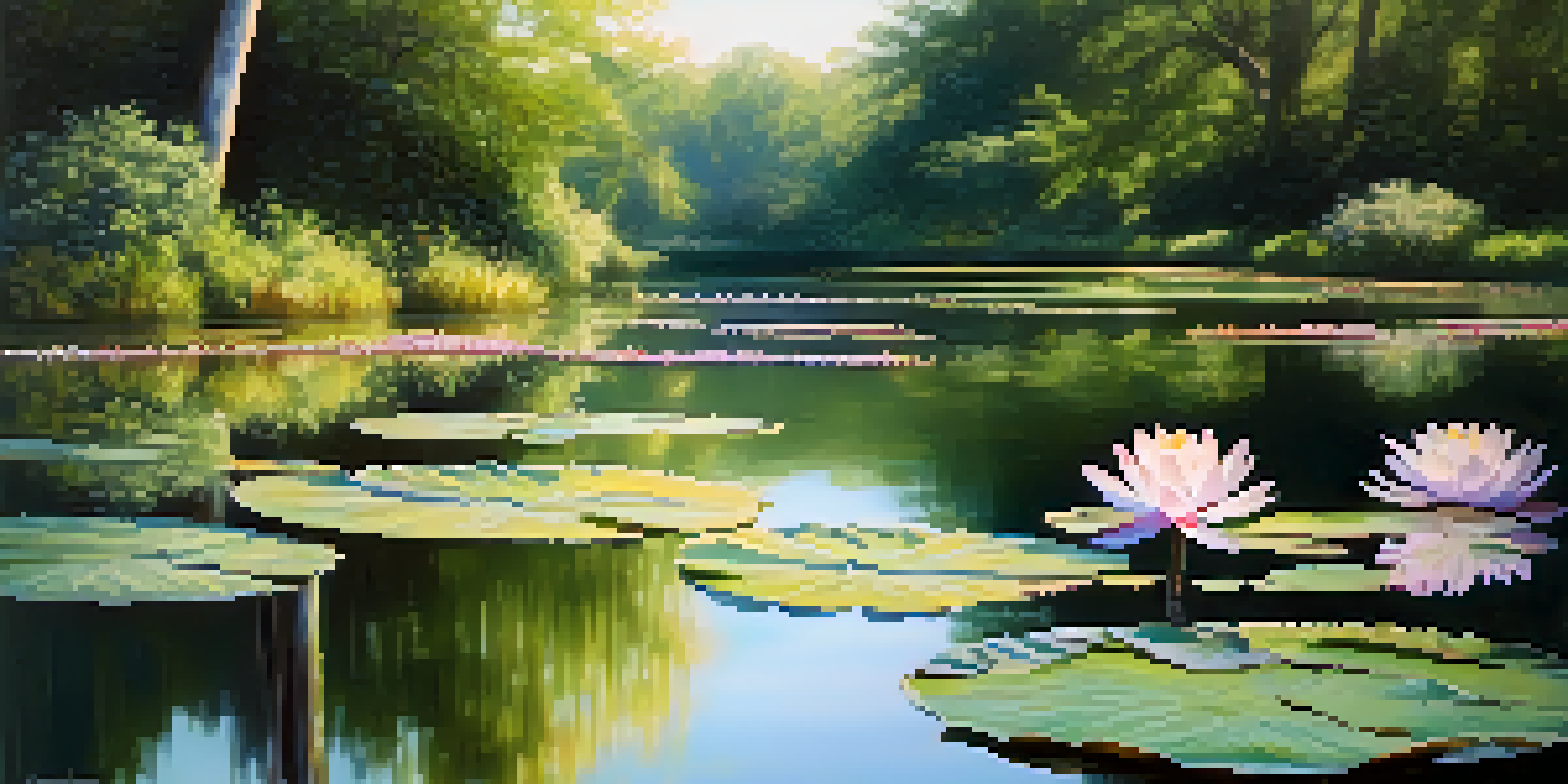 A peaceful pond with blooming water lilies and gentle sunlight filtering through trees.