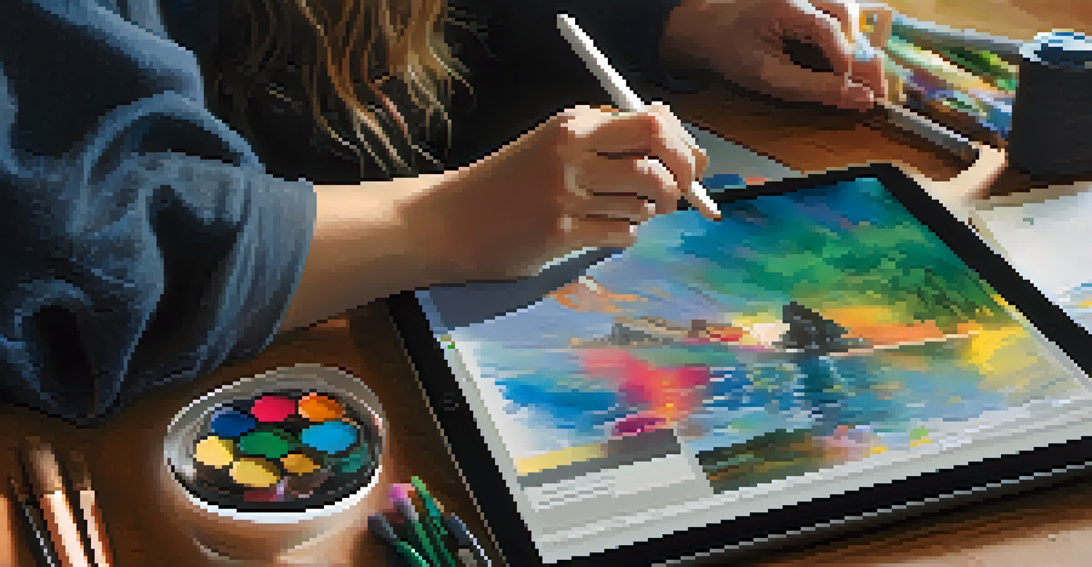 Close-up of an artist's hands working on a digital tablet, creating a colorful digital painting with art supplies around.