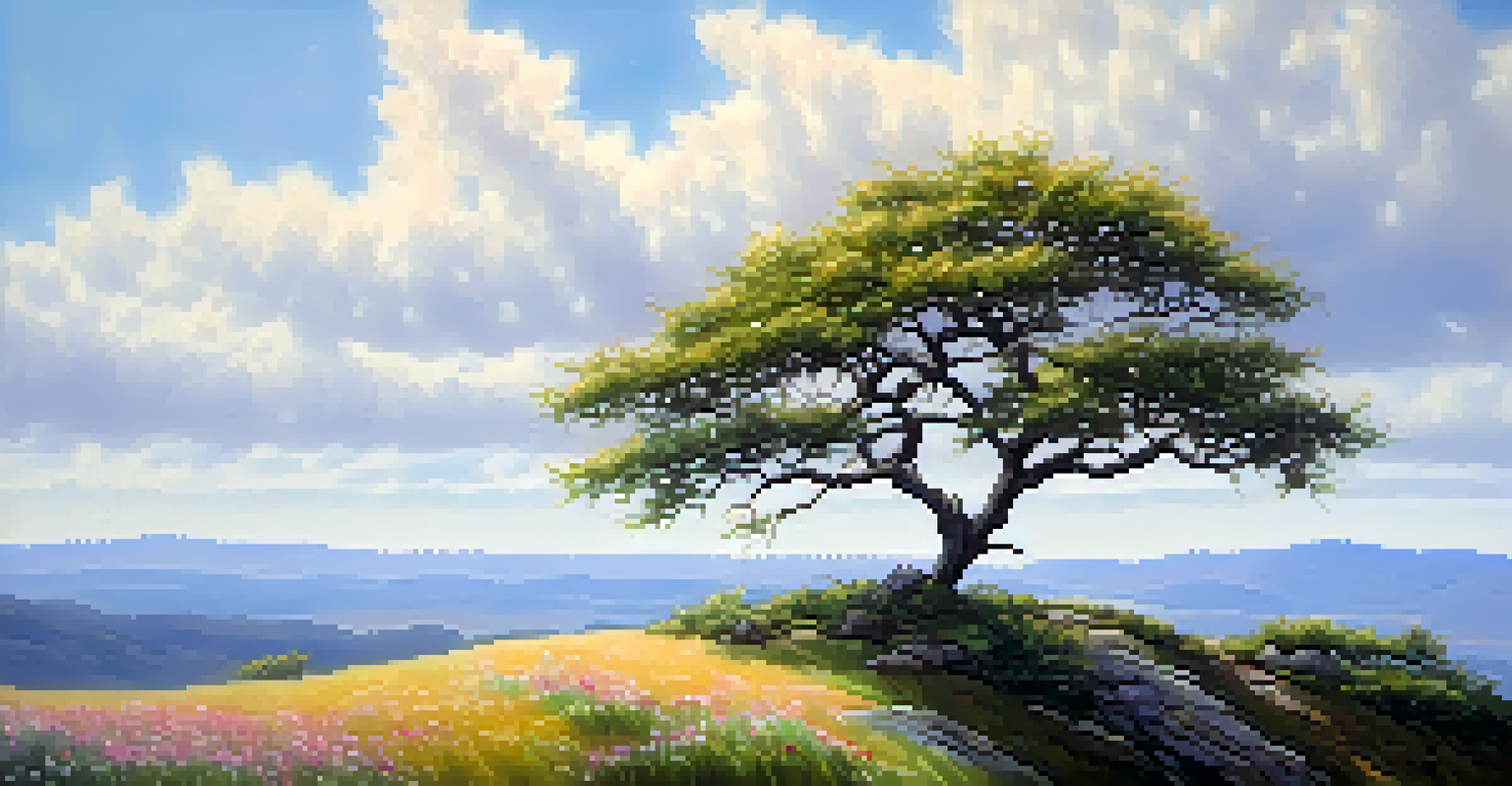 A solitary blossoming tree on a hilltop against an open sky, surrounded by wildflowers.